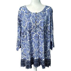 Isaac Mizrahi Live Blue Paisley Tunic Embroidered Hem Size 3X